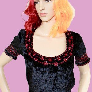 Vintage Betsey Johnson Top Blouse 90s Y2K Black Velvet Milkmaid Goth Boho
